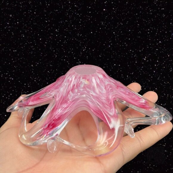 Decorative Art Glass Pink Clear Bowl Basket Swirly Edges 6.5"Wide 2"Tall - Picture 3 of 11